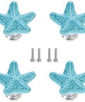 Four Pack Starfish Drawer Knobs Set, Coastal Ceramic Cabinet Hardware In Ocean Blue, Durable Zinc Alloy And Ceramic Build, Beachy Ocean Vibe Themed Kitchen Dresser Drawer Knobs For Cabinets. 34 mm starfish drawer knobs, ceramic and zinc alloy, with screws