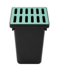 Front view of Rugged Heavy Duty Catch Basin With Grate And Debris Basket For Outdoor Drainage System, black composite resin