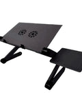 Premium Aluminum Laptop Bed Tray With Adjustable Angled Legs And Cooling Radiating Vents Built Tough Hassle Free Portable Folding Workstation Desk, black with cooling vents.