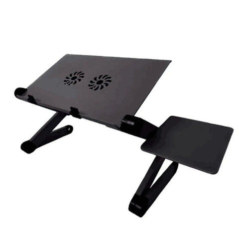 Premium Aluminum Laptop Bed Tray With Adjustable Angled Legs And Cooling Radiating Vents Built Tough Hassle Free Portable Folding Workstation Desk, black with cooling vents.