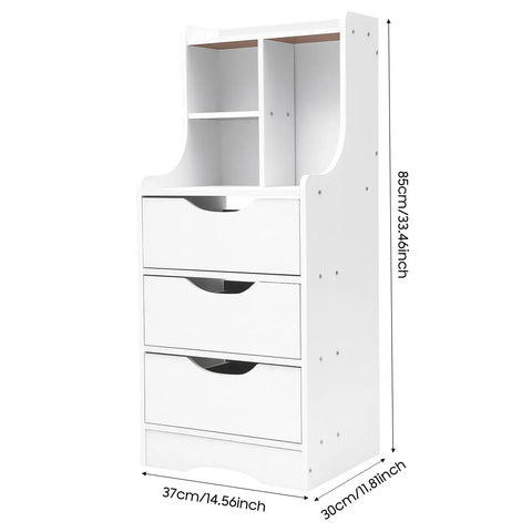 White Vertical Bedside Cabinet With Three Drawers And Open Storage Shelf Nightstand End Table For Bedroom.