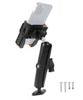 1 Inch Ball Screw Mount Phone Holder For Boat Car Truck And Desktop With Long Arm For Unobstructed Camera View, Ideal For Recording On Water Or Road, Durable Aluminum Build, Secure Grip, Easy Adjustments, black phone holder with mounted phone and screws