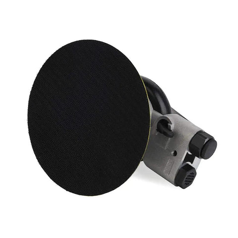 Five Inch Air Random Orbital Sander Dual Action Pneumatic Polisher with speed regulator, side view showing black sanding pad.