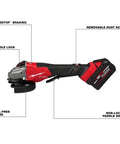 Gnarly Heavy Duty Cordless Angle Grinder Compatible With M18 Tools Offering 4 1 2 Inch 6 Inch Cutting Grinding Capability Brushless Motor Pumps Out Serious Torque For Tough Job Sites Comes Ready With Fat 8 Amp Hour Battery And Rapid Charger For Daily showing tool-free guard, non-locking paddle switch, and removable dust screen.