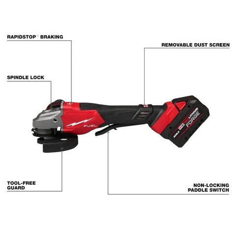 Gnarly Heavy Duty Cordless Angle Grinder Compatible With M18 Tools Offering 4 1 2 Inch 6 Inch Cutting Grinding Capability Brushless Motor Pumps Out Serious Torque For Tough Job Sites Comes Ready With Fat 8 Amp Hour Battery And Rapid Charger For Daily showing tool-free guard, non-locking paddle switch, and removable dust screen.