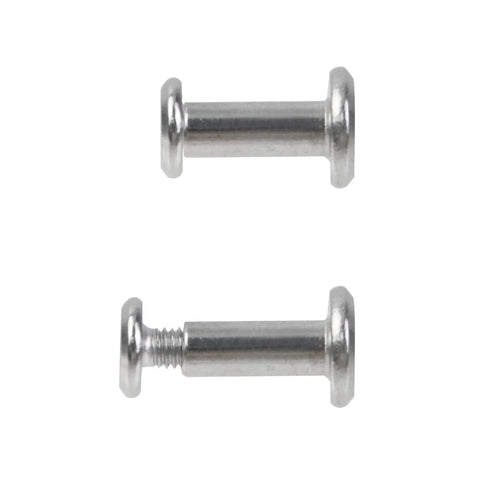 Two silver stainless steel Chicago screws, M3 x 4mm, used for binding posts in craft projects and furniture.