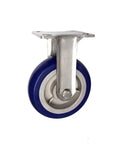 Pro Grade Rubber Castor Wheels With Rolls Like Butter Swivel Design And Thickened Bearings For Quiet Cart Gliding and Floor Safe Heavy Duty Moving Every Single Day, showing a blue rubber wheel with metal mount.