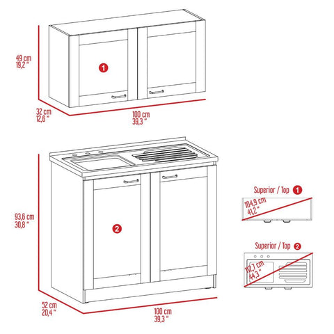 Dimensions diagram of Premium Light Gray Two Piece Cabinet Set With Adjustable Modular Countertops High And Low Profiles.