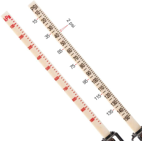 Tire Pressure Gauge With Straight On Foot Dual Head Chucks Heavy Duty Air Gauge Pro Grade 10 To 150 PSI And 100 To 1000 kPa scale close-up