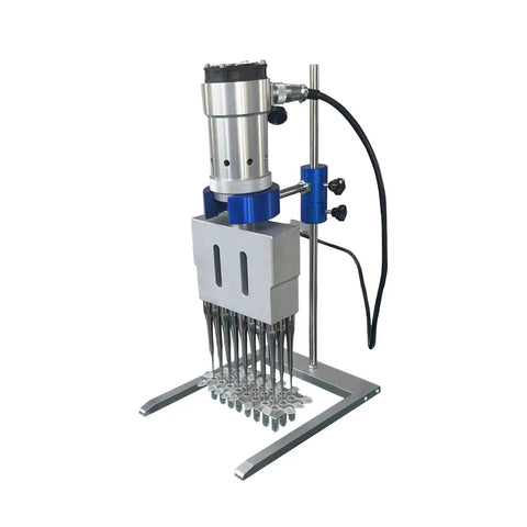 Multiple Probe Ultrasonic Sonicator For Laboratory Samples With Dual Probes Programmable Centralized Control Pro Grade Performance Fast Simultaneous Processing Adjustable Pulse And Power Self Diagnostics DH4S 1000 stainless steel stand