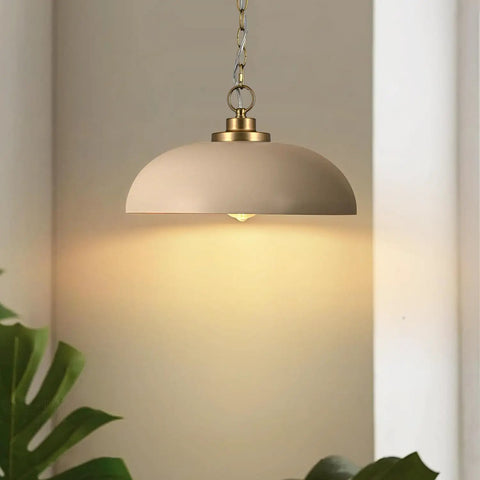 Top Shelf Matte White Farmhouse Pendant Light With Burnished Brass Accents And Super Adjustable Chain Drops, 15.7in shade.