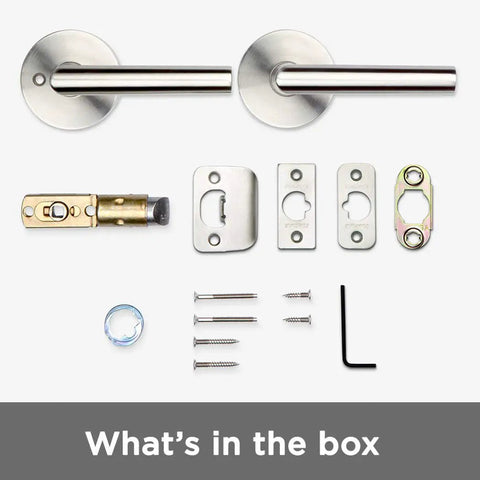 Contents of the Milan Door Handle Lever In Iron Black Modern Contemporary Slim Round Interior Door Hardware kit displayed