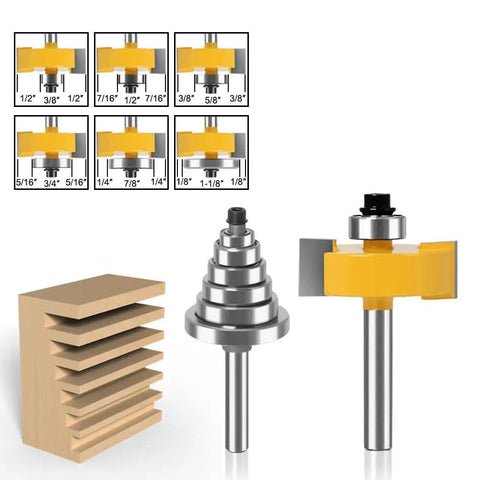 Three Piece Rabbet Router Bit Set With Quarter Inch Shank And Six Interchangeable Bearings, showing bit details and wood example.