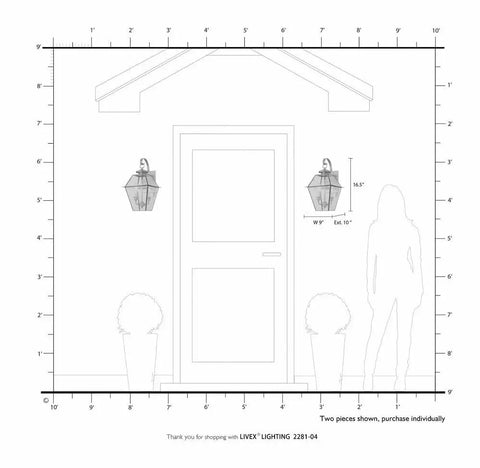 Diagram showing Westover Two Light Outdoor Wall Lantern In Charcoal Finish with dimensions and placement on exterior wall.