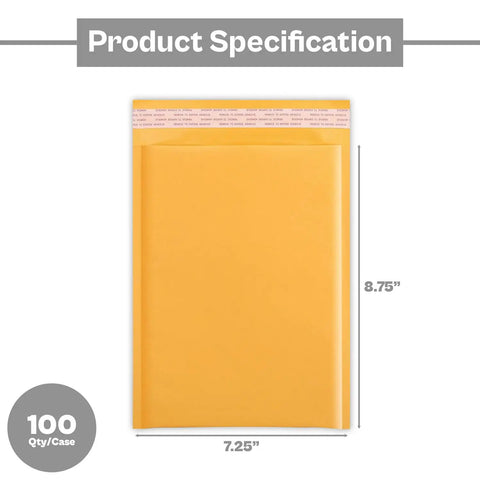 Kraft Bubble Mailers 7.25 By 9.75 Inch Yellow Padded Envelopes With Self Sealing Peel Off Strip Built For Shipping CDs DVDs Jewelry Photos Magazines Books Clothes And More, showing front view with dimensions.