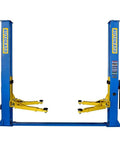 KATOOL 11,000-lb two-post car lift, blue frame with yellow arms, front view