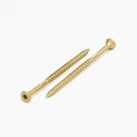 Tough Number 10 By 3 Half Inch Decking Screws Featuring Six Lobe Drive And Galvanized Bronze Finish, two screws on white surface.