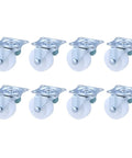 8 Pcs Inch Swivel PP Caster for Furniture, Silver Universal Wheel set displayed with shiny silver plates and white wheels.