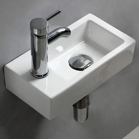 Wall Hung Cloakroom Basin Sink Small Rectangle Ceramic Wash Basin White High Gloss Finish Right Hand Tap Hole Slick Modern