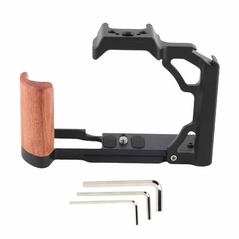 Side view Wood Handle Camera Cage For ZFC Aluminum Alloy Metal Cage With One Quarter Inch And Three Eighths Inch Screw Holes