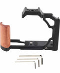 Wood Handle Metal Camera Cage for ZFC With Vertical Rig Design Cold Shoe Mount And Multiple One Quarter Inch And Three Eighths Inch Screw Holes For Attaching Top Handles Monitors And Tripods.