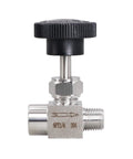 Front view of stainless steel gas needle valve with black knob, 1/4 NPT female to 1/4 NPT male, industrial control valve