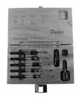 Professional Countersink And Taper Drill Bit Set For Five Through Nine Wood Screws Featuring Heat Treated Steel And Four Flute Cutters in wooden case.