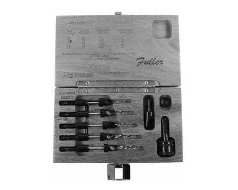 Professional Countersink And Taper Drill Bit Set For Five Through Nine Wood Screws Featuring Heat Treated Steel And Four Flute Cutters in wooden case.