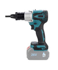 Pro Workhorse Cordless Electric Rivet Gun With Brushless Motor Automatic Rivet Nut Setter For Aluminum Steel Rechargeable M3 To M12 Heavy Duty Shop Tool With Comfortable Grip side view of tool with black nozzle and battery