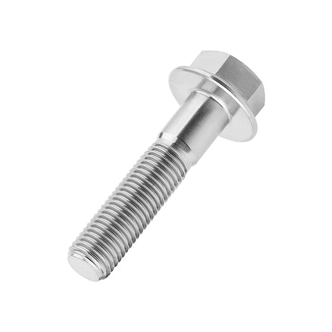 Close-up side view of titanium flange hex bolt, M10 x 45mm, threaded shank