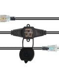 Close-up of 25Ft 14 Gauge 3 Prong Extension Cord With 6 Evenly Spaced Outlets NEMA 5-15P To NEMA 5-15R Weatherproof IP44 Cap