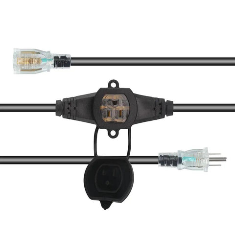 Close-up of 25Ft 14 Gauge 3 Prong Extension Cord With 6 Evenly Spaced Outlets NEMA 5-15P To NEMA 5-15R Weatherproof IP44 Cap