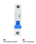Front view of 1 Pole Miniature Circuit Breaker 20A DC 250V DIN Rail Mount Disconnect Switch With Thermal Magnetic Trip, blue handle.
