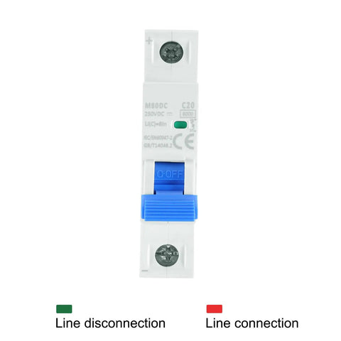 Front view of 1 Pole Miniature Circuit Breaker 20A DC 250V DIN Rail Mount Disconnect Switch With Thermal Magnetic Trip, blue handle.