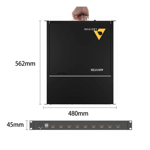 1U Rack Mount KVM Console With 17 Inch LCD Monitor dimensions showing 562mm height, 480mm width, and 45mm depth for IT setups.