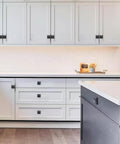 Modern kitchen with white cabinets featuring 10 Pack Matte Black Cabinet Backplates For Knobs 2.8 Inch Long By 0.98 Inch Wide