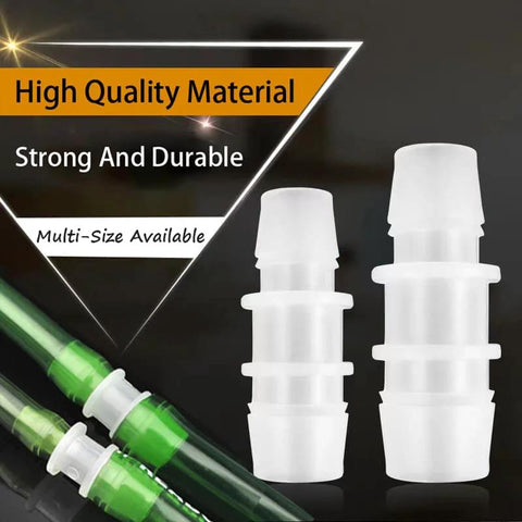 Front view of hose barb fittings set, white plastic connectors with green tubing, two multi-size aquarium reducers.