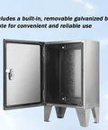 Heavy Duty Ground Mounted Electrical Junction Box In 304 Stainless Steel With Sturdy Bracket Weatherproof Outdoor Utility Chest Pre Drilled Ground Anchoring Legs For Easy Mounting And Flexible Spatial Layout, open cabinet with removable base plate