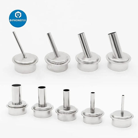 Nine Piece Hot Air Gun Nozzle Set for 861DW Rework Station, featuring 9 pack of 45 degree curved angled nozzles, 2-10mm sizes.