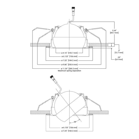 Technical diagram of 6 Inch Integrated Recessed Adjustable Gimbal LED Light Kit Canless With Selectable CCT 2700K 3000K 3500K 4000K 5000K 600 Lumens White Easy Install With Spring Clips Repositionable Driver J Box No Housing Required