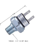 Go-To Air Pressure Switch 1/4 Inch 18 NPT 110 To 140 PSI DC 24V Or 12V Auto On Off IP54 Rated Silver, side view with measurements.