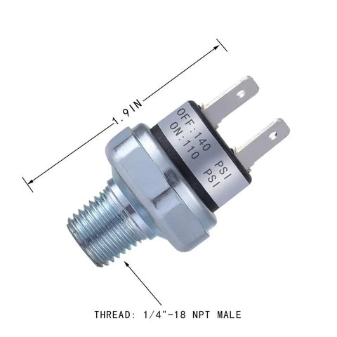 Go-To Air Pressure Switch 1/4 Inch 18 NPT 110 To 140 PSI DC 24V Or 12V Auto On Off IP54 Rated Silver, side view with measurements.