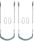 Two Pack Heavy Duty Swing Seat Supports 330 Pound Capacity For Backyard Garden And Playground EVA Non Slip Construction Tough As Nails Built To Last 26 Inch Long By Five Point Five Inch Wide Two Inch Thick Durable Swing Set Accessory showing two green swing seats with metal connectors.