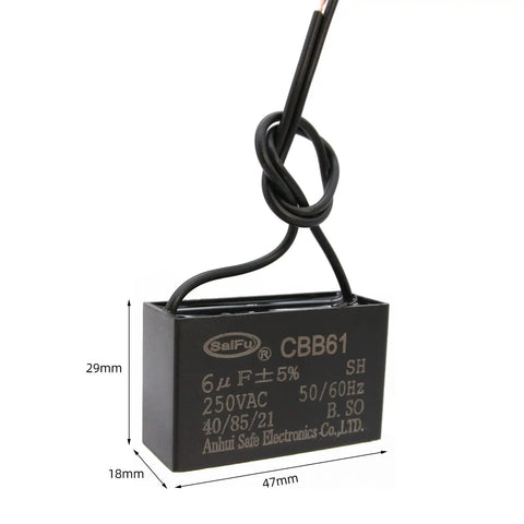 CBB61 6uF 250V AC Capacitor For Ceiling Fans 2 Wire 50/60Hz Pack Of 2 Replacement, compact size 47x29x18mm with wires