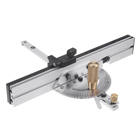 Dead Nuts Precise Sliding Miter Gauge With 450mm Track Stop and Box Joint Jig for Table Saws showing aluminum tracks and adjustable angle.