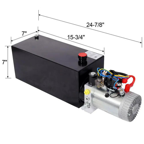 Heavy Duty 12V DC Hydraulic Power Unit With 3HP Pump And 8 Quart Steel Reservoir, side view showcasing dimensions and components.