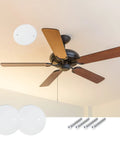 4 Pack 5 Inch Metal Ceiling Cover Plates Round White Flat Blank Wall Plate With Screws 3.5 Inch Hole Spacing Fits 4 Inch Electrical Boxes Great For Ceiling Fans And Light Switches. Shown near ceiling fan with screws.