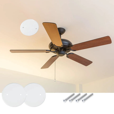 4 Pack 5 Inch Metal Ceiling Cover Plates Round White Flat Blank Wall Plate With Screws 3.5 Inch Hole Spacing Fits 4 Inch Electrical Boxes Great For Ceiling Fans And Light Switches. Shown near ceiling fan with screws.