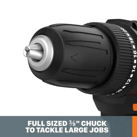 Close-up of a 20V Drill Driver Built For Big Jobs With Three Eighths Inch Chuck, showing the full-sized 3/8 inch chuck.