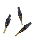 Premium HSS Coated Chamfer Drill Bit Set Packed With Five Countersink Assortments, featuring gold-tipped drill bits with quarter inch shank.